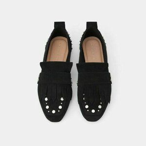 Zara Black Suede Fringe Studded Loafers
